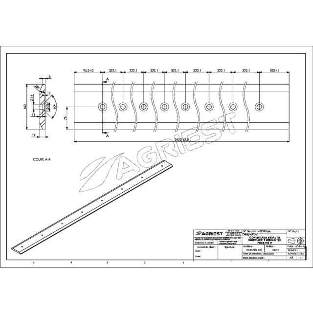 Contre Lame 152X19 LG 2450 400HB 8 TRS pour VIS TFØ16 EA 322,1 référence fournisseur 452395